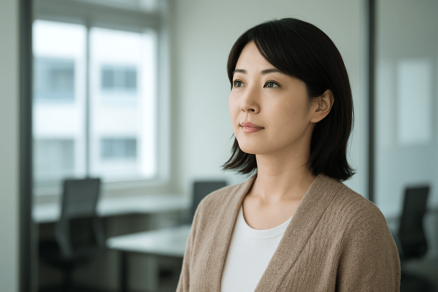 30代くらいの日本人女性が少し遠くを見つめている画像