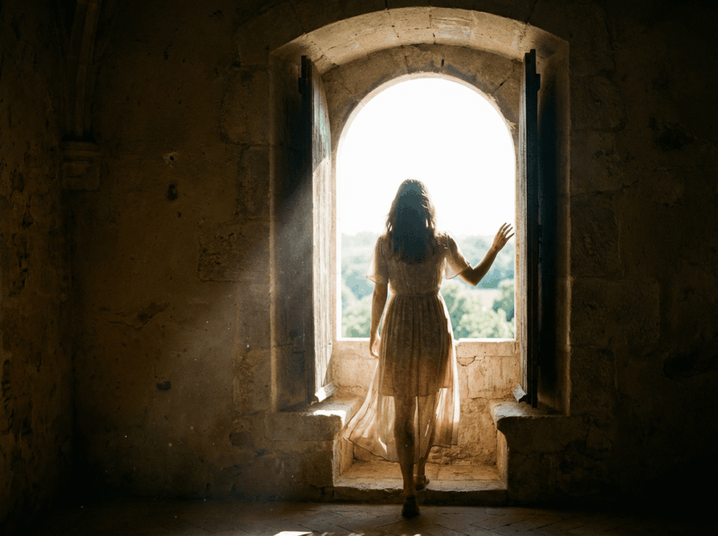 女性,光が差し込む明るい窓辺や屋外に向かって歩き出そうとしている瞬間