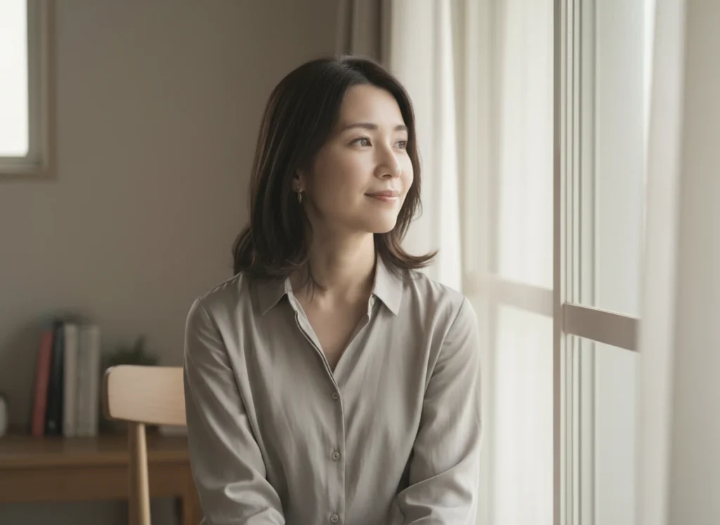 毒親 学歴至上主義に悩む女性が窓辺で考えている様子