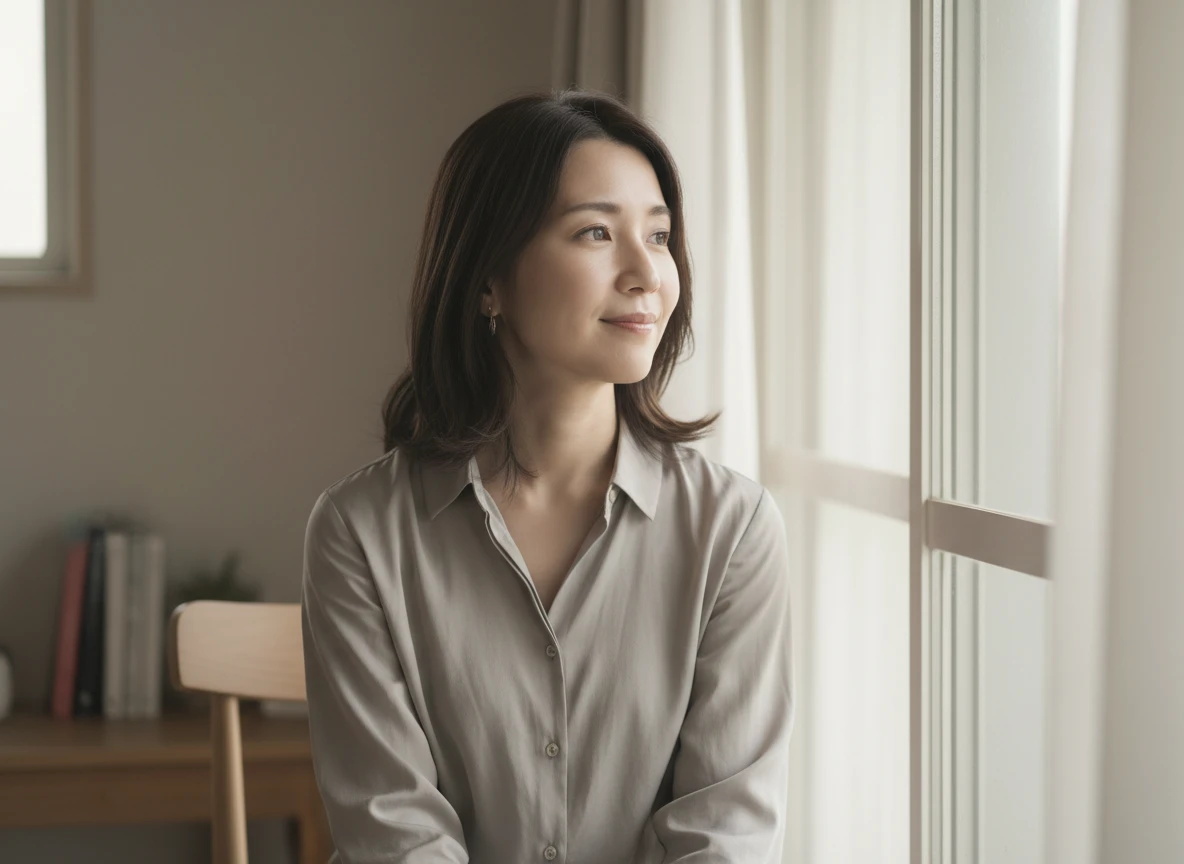 毒親 学歴至上主義に悩む女性が窓辺で考えている様子