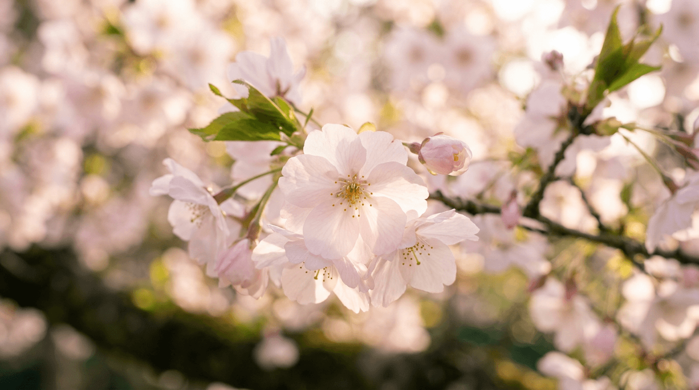 優しい光を浴びて淡くふんわり咲く桜の花のクローズアップ