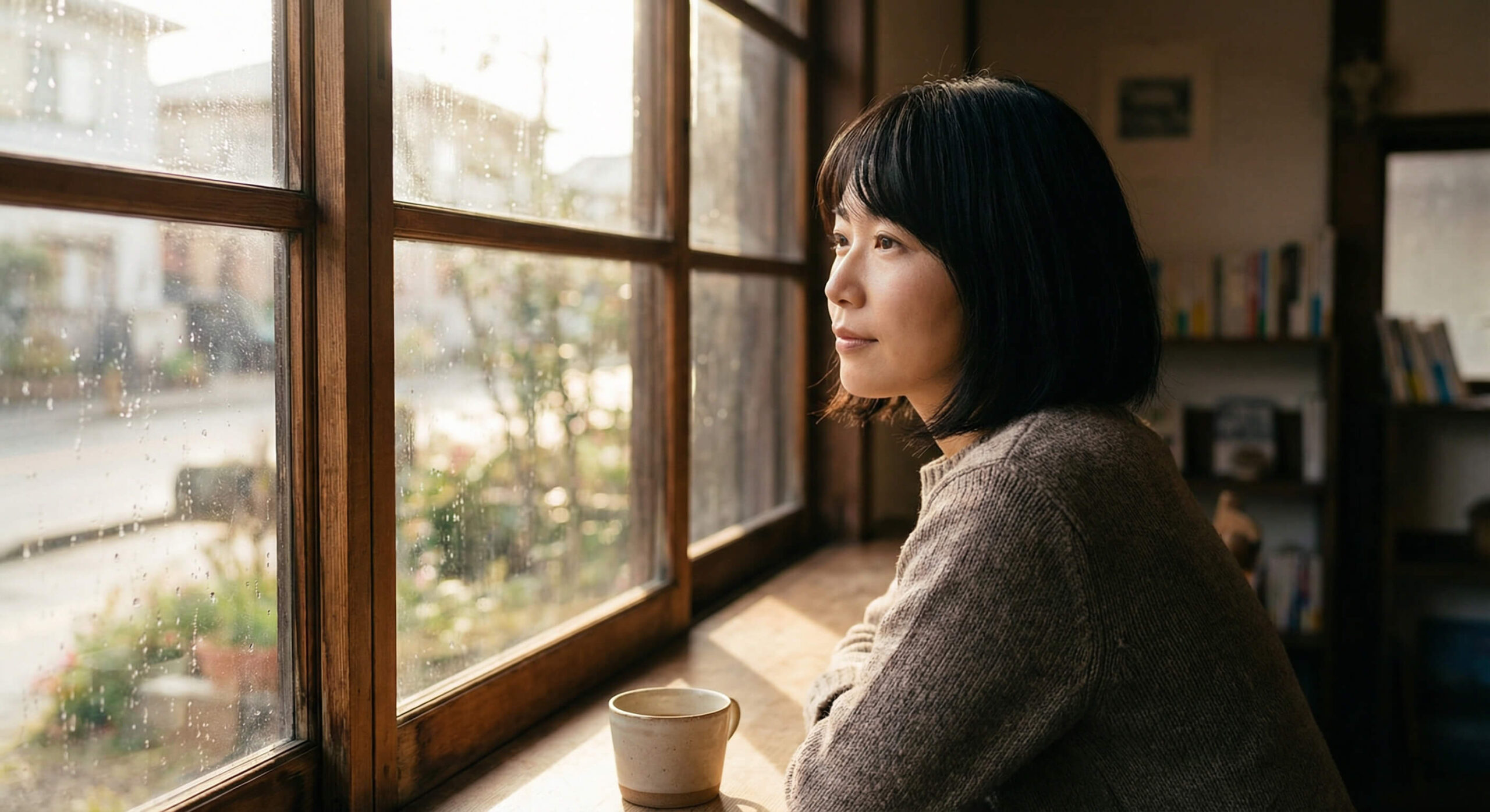 窓辺に一人座り、外を静かに見つめる日本人女性