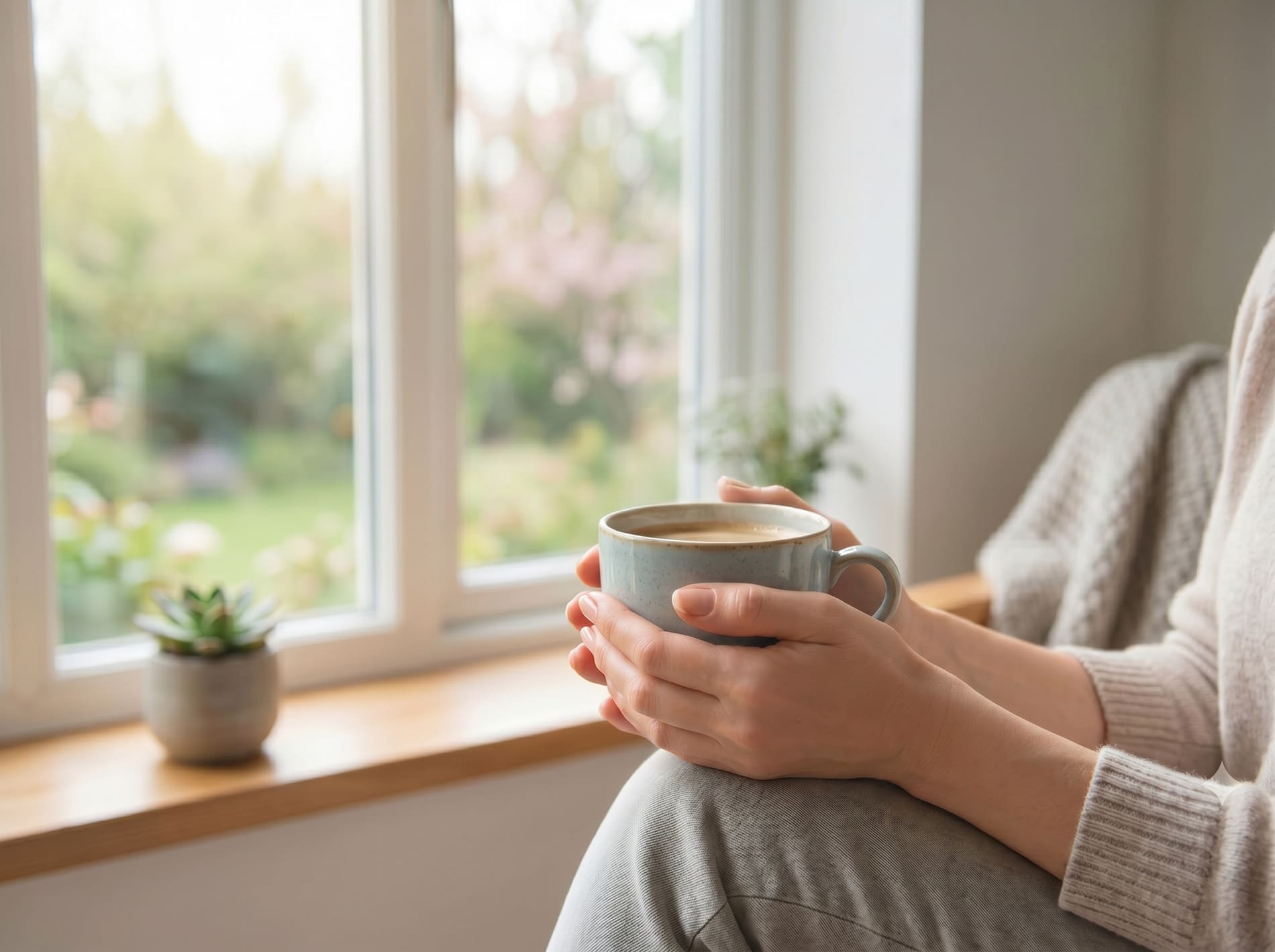 コーヒカップを持つ女性の手